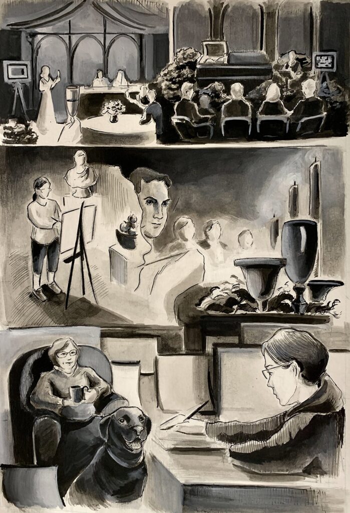 Page from Graphic Novel, "Calling Hours" – 1, by Julia Tighe, 2020, ink and gouache on paper