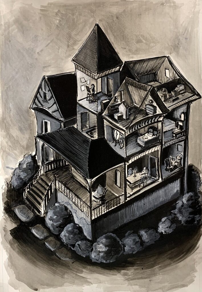 Page from Graphic Novel, "Calling Hours" – 6, by Julia Tighe, 2020, ink and gouache on paper