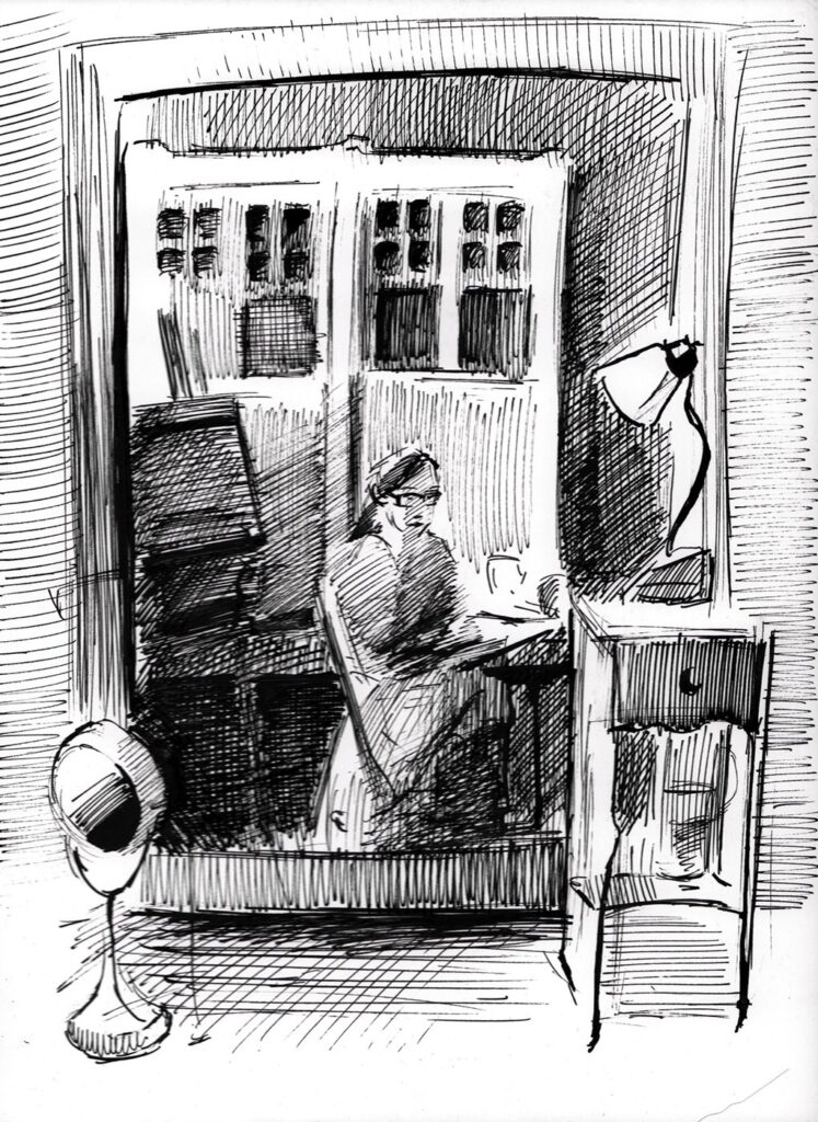 Self-Portrait in Quarantine, by Julia Tighe, 2020, ink on Bristol board