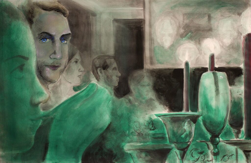 The Dinner Table, by Julia Tighe, 2019, ink and gouache on paper