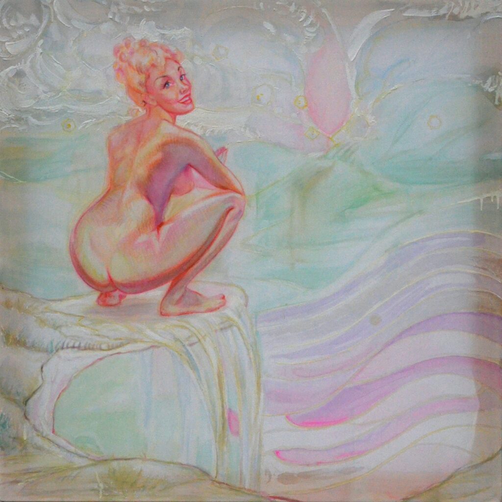 Sitting Pretty, by Noelle Timmons, 2016, acrylic, crayon, high index glass beads, water resist, on stretched silk