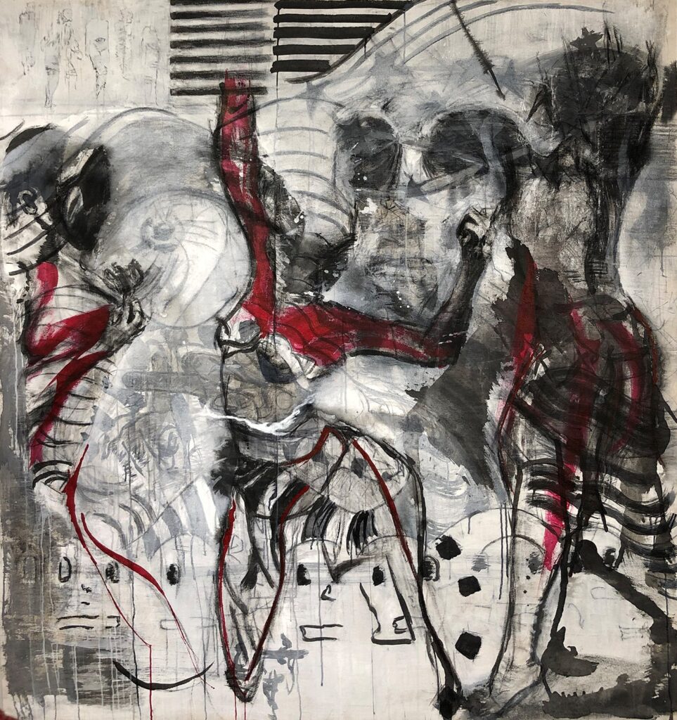 Three Times Blest, by Javier Tovias, 2019, ink and charcoal on canvas