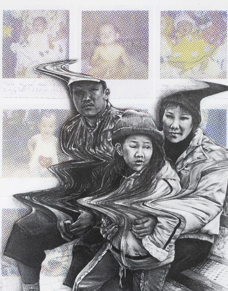 Family's First Arrival, by Thương Hoài Trần, 2020, lithograph and screen print on Rives BFK paper
