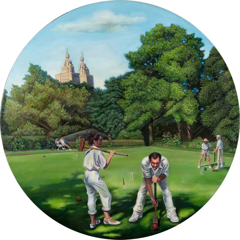 The Croquet Game Male/Female Active Passive, by Annamarie Trombetta, 2018, oil on linen, 30 inches diameter