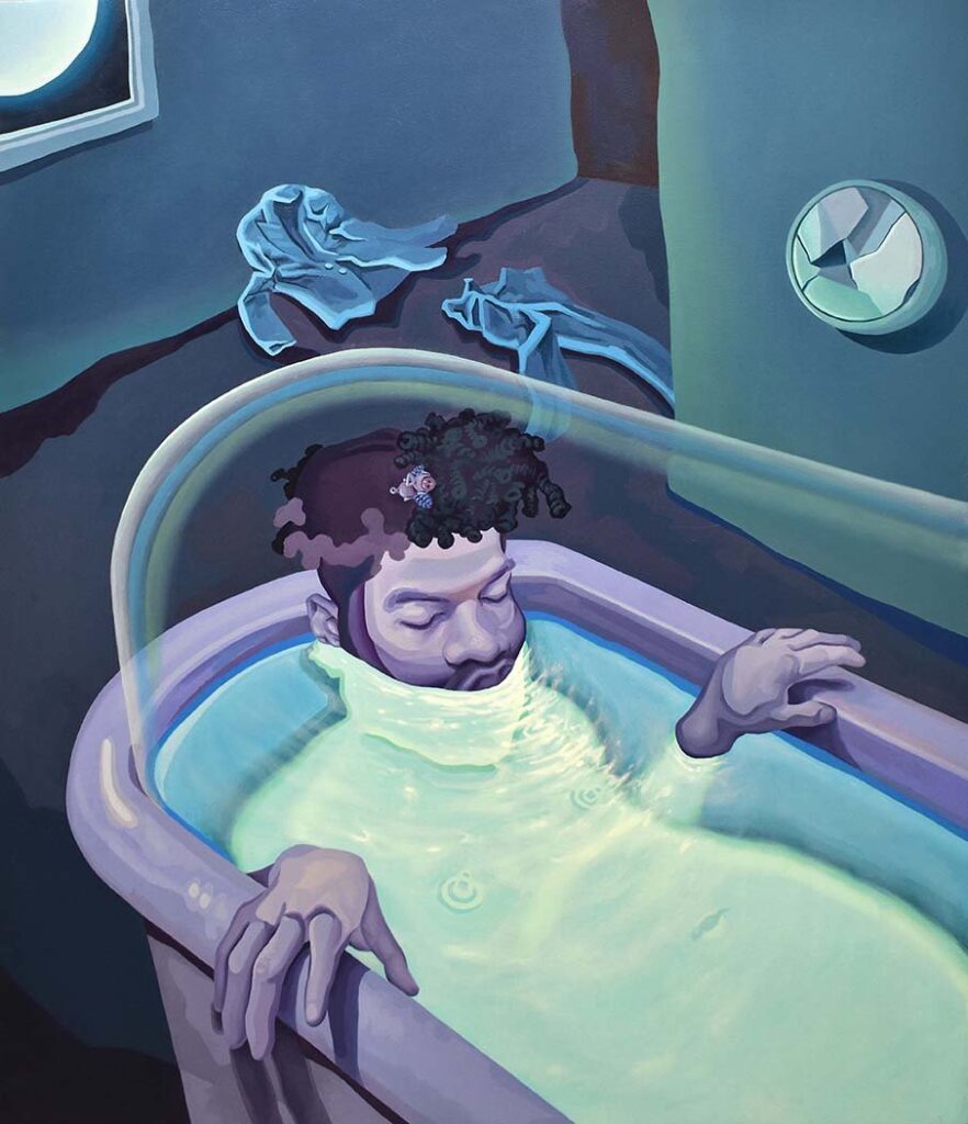 Taking Socks Off, by Pedro Troncoso, 2022, acrylic and oil on canvas
