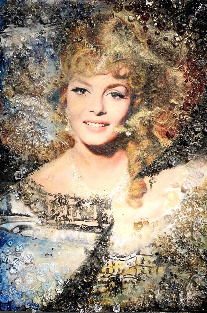 Angeliqua, by Elena Ulansky, 2019, oil, ink, resin, gem, crystal, glass, and fabric on panel