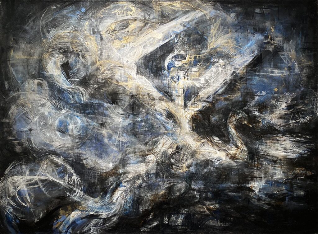 Emerging, by Elena Ulansky, 2021, ink and pastel on canvas