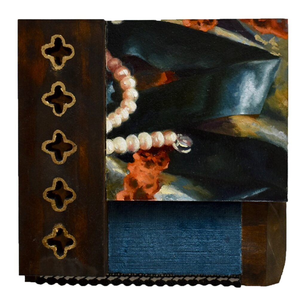 Containment, by Juliette Vaissière, 2019, oil on paper, found velvet, found lace, wood, and composite gold leaf
