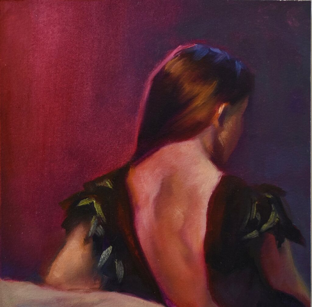 Girl on Magenta Background, by Juliette Vaissière, 2020, oil on paper mounted to panel