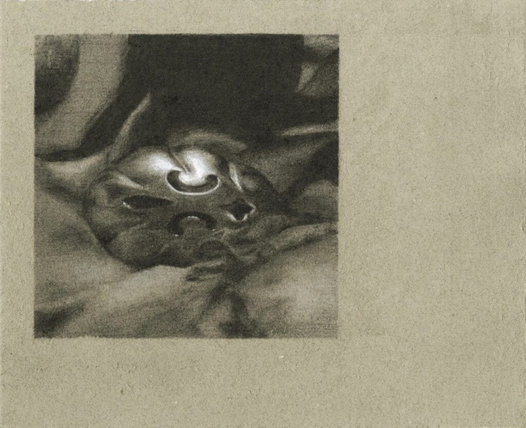 Slotted Spoon, by Juliette Vaissière, 2020, graphite, white chalk, and gouache on paper
