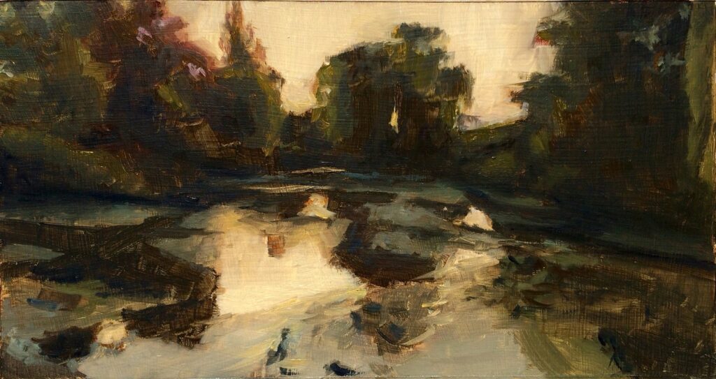Pond Sunset, by Jorge Vasquez, 2016, Oil on paper mounted on board