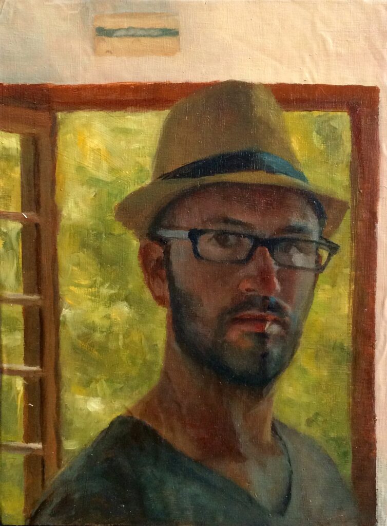 Self-Portrait in the Studio, by Jorge Vasquez, 2016, Oil on paper mounted on board
