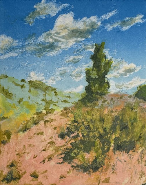 Scoria Hill, by John Volk, 2021, ink and pastel monotype on paper