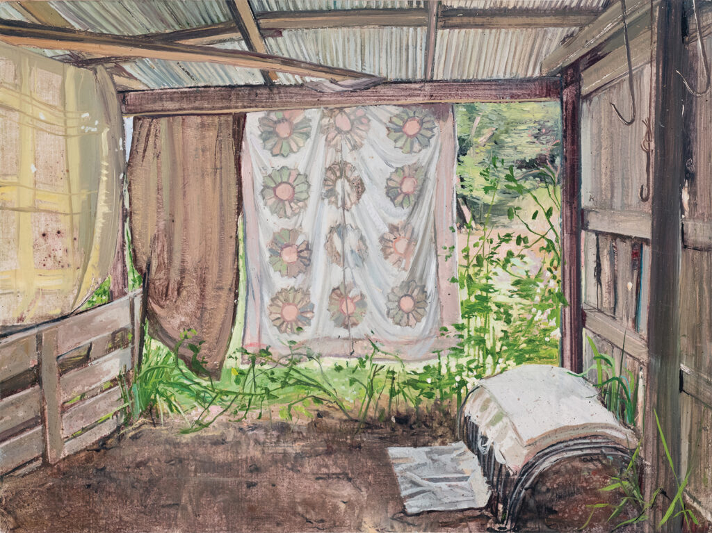 Interior, by Melanie Vote, 2019, oil on paper mounted to wood