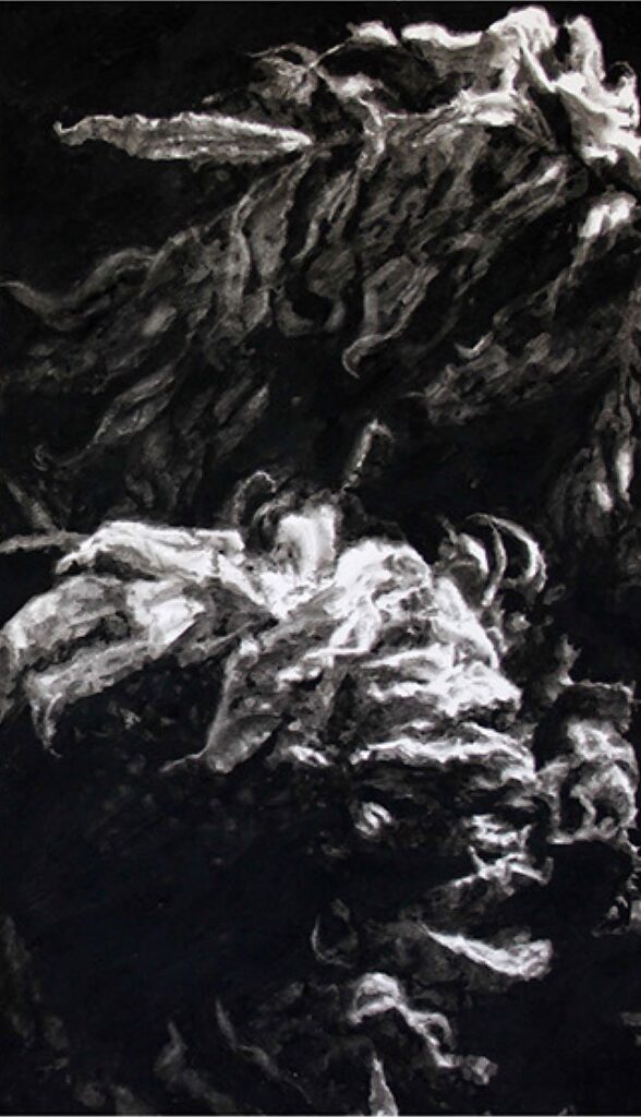 Embers and Ash, by Tyler Vouros, 2013, Charcoal and water on paper mounted on canvas