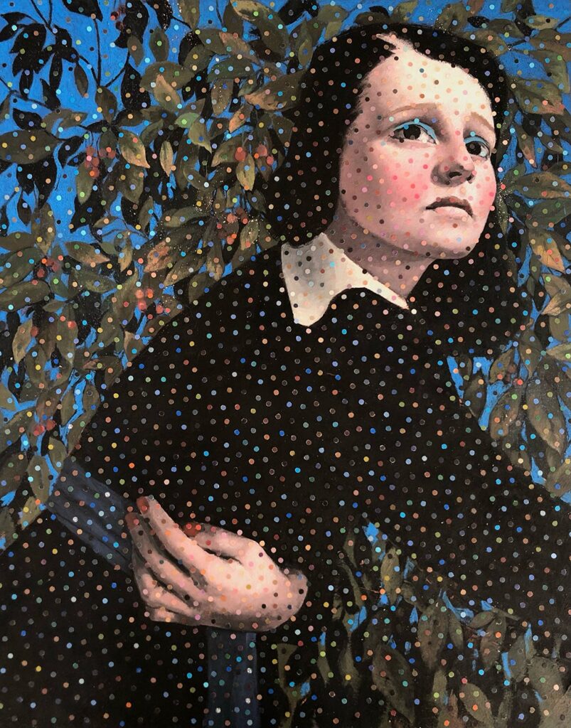 Unwonted, by Mitra Walter, 2022, acrylic, oil, and paper on wood panel
