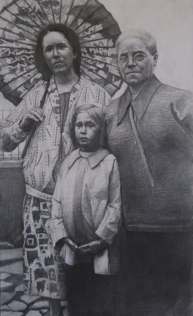 Generation, by Hao Wang, 2020, charcoal and graphite on wood panel
