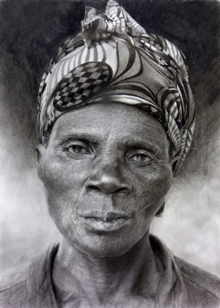 The Widow, Pyudiness Ackson, by Tunping Wang, 2017, charcoal on paper