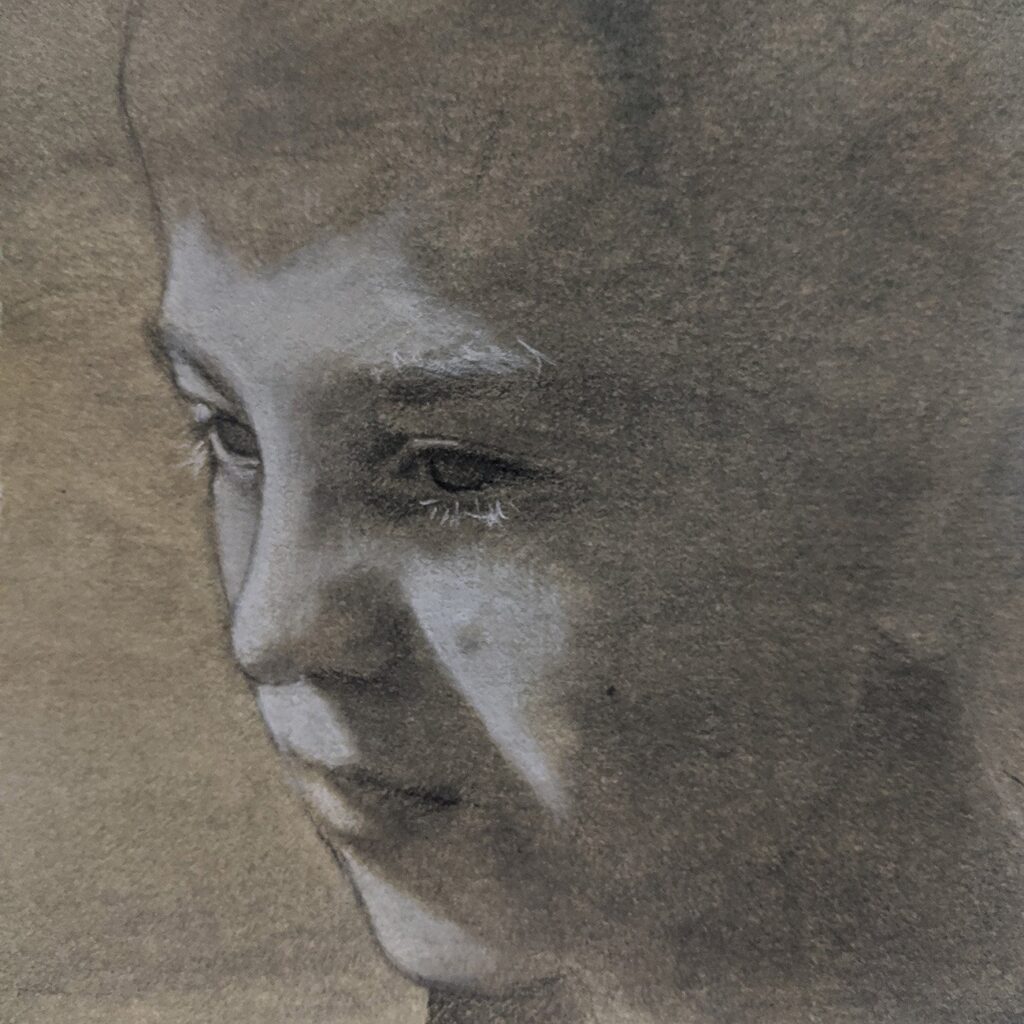 Aiden, by Sophia Weisensel, 2020, graphite and white chalk on shellacked paper