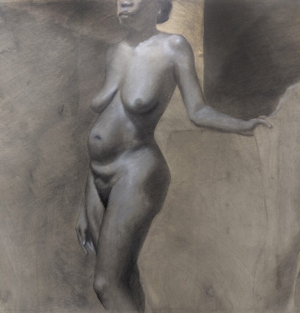 Life Drawing, by Sophia Weisensel, 2020, graphite and white chalk on shellacked paper
