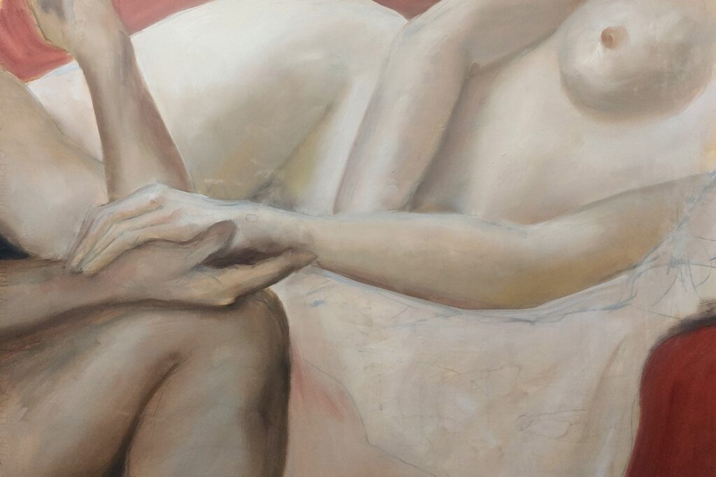 Embrace, by Sophia Weisensel, 2019, oil on shellacked paper