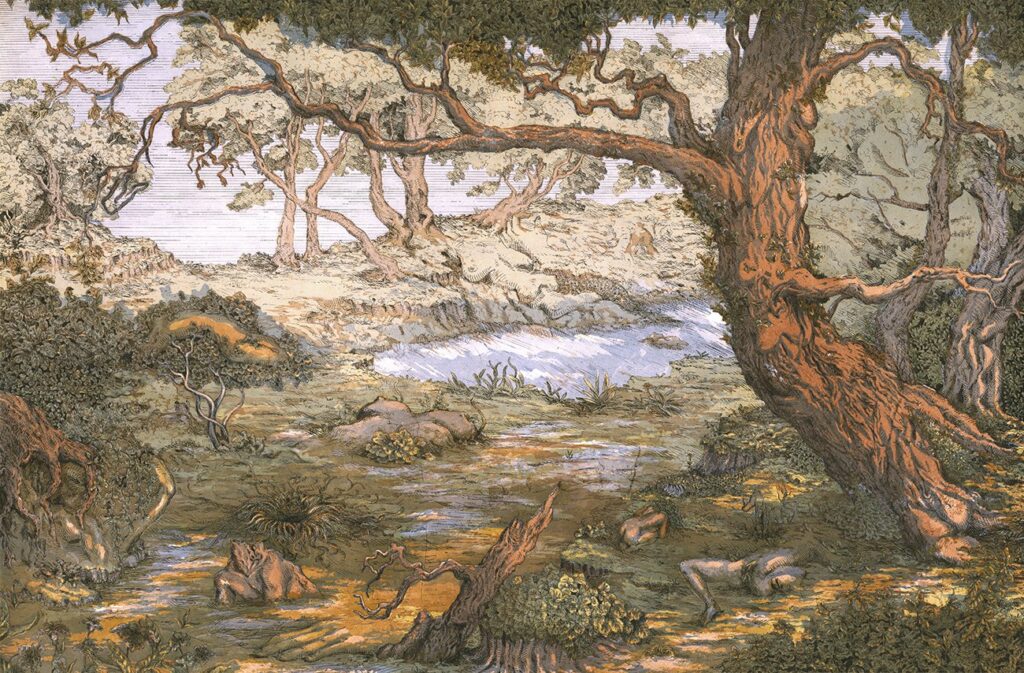 Resonance, by Willow Wells, 2023, etching with aquatint and spit bite aquatint on Magnani Acqueforte 30/30 Ivory 310gsm pape