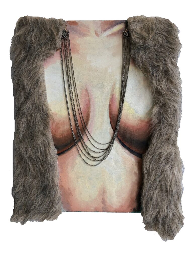 Baby Got a New Fur Coat, by Jacque White, 2019, oil, faux fur, and chain on canvas