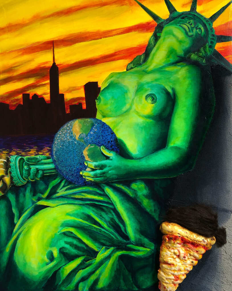 Waiting for the World to Change, by Jacque White Click to Buy, 2020, acrylic, oil, rhinestones, pumice, foam, and faux fur on canvas