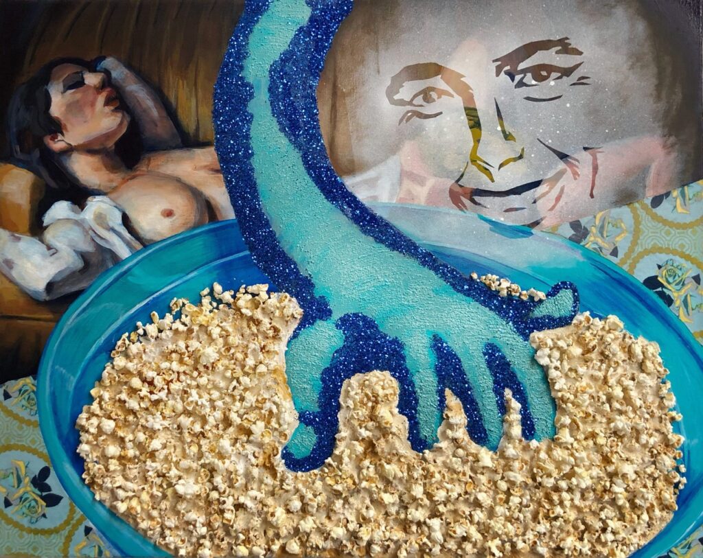 Movie Night, by Jacque White Click to Buy, 2020, acrylic, glitter, pumic, fabric, and popcorn on canvas