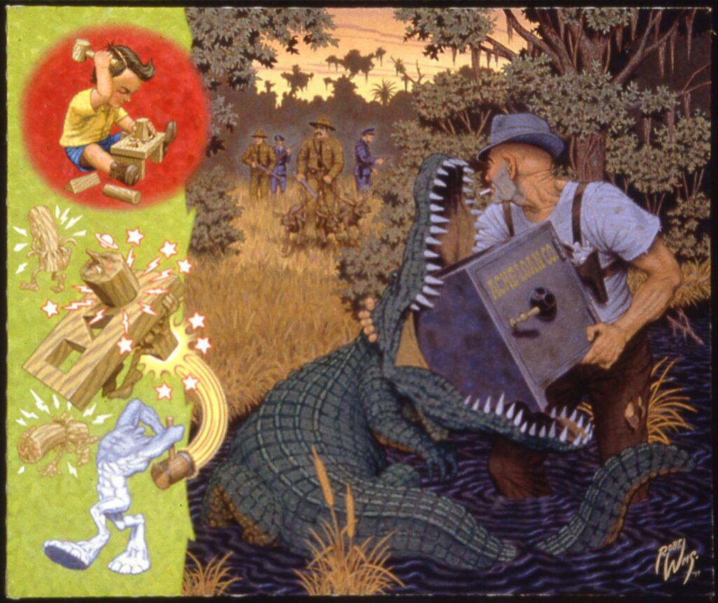 A square peg in a round hole, by Robert Williams, 1999, Oil on canvas