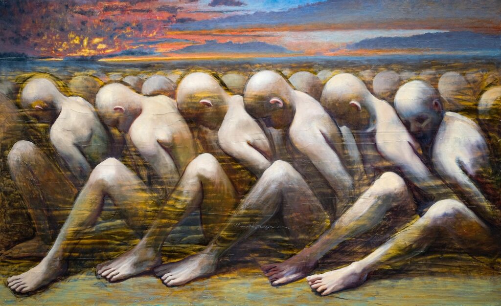 We are Captives of the Self, by Jean Paul Winter, 2023, oil, charcoal, and shellac on aluminum panel