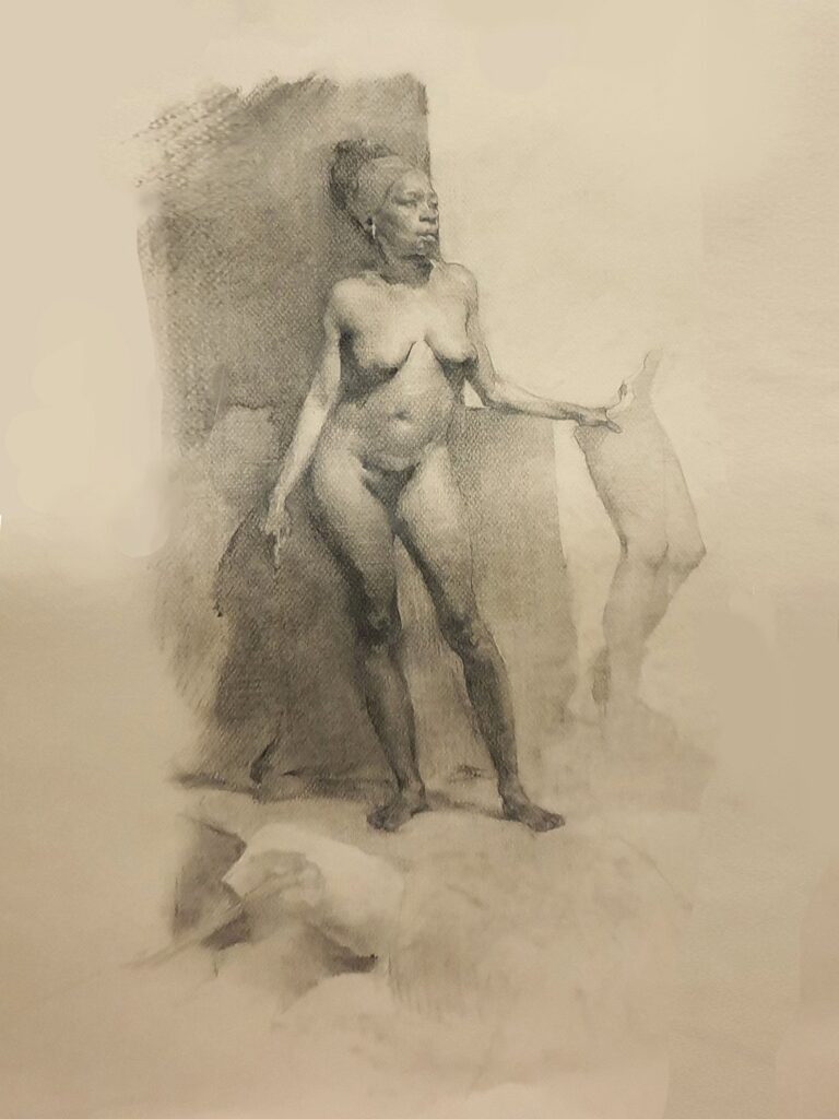 Woman and Broken Sculptures, by Patricia Wongkar, 2020, charcoal and graphite on textured paper