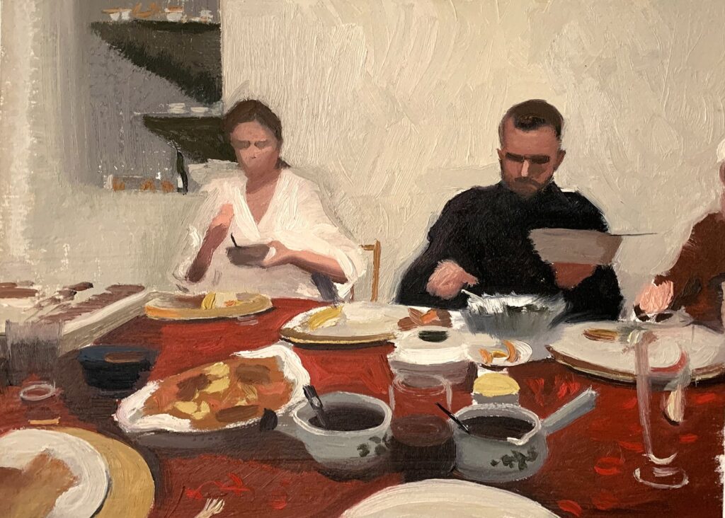 The Dinner Table, by Jeffrey Wood, 2020, oil on paper