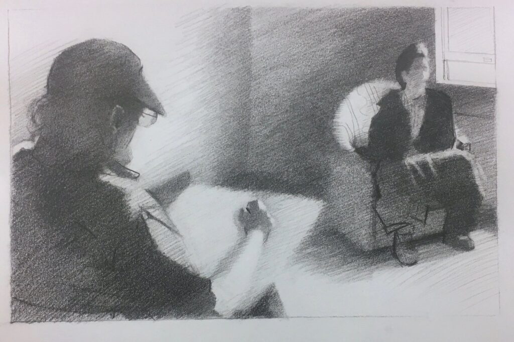 Steven Assael Drawing a Model, by Jeffrey Wood, 2019, graphite on paper