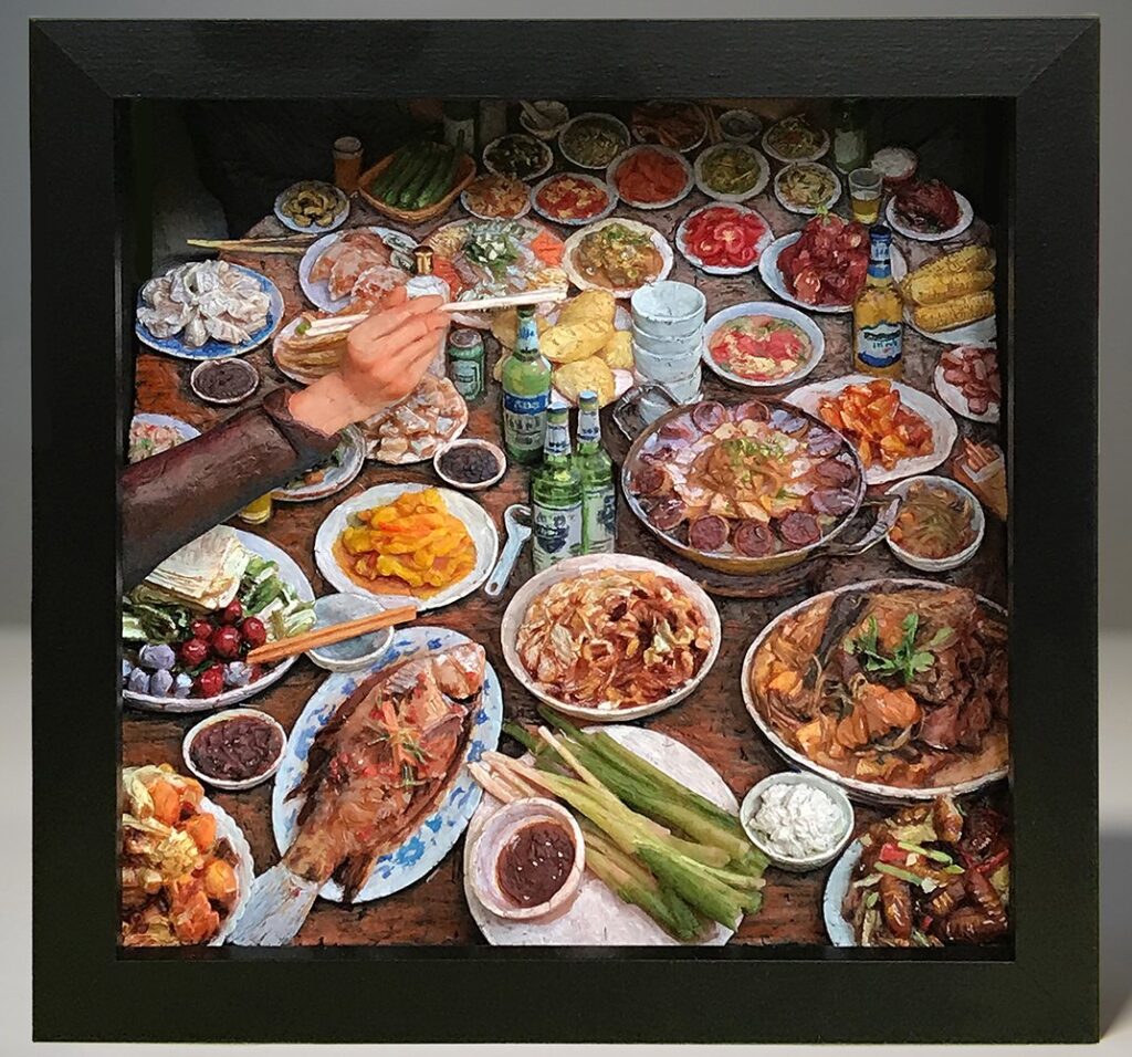 Country Love: Classmate Reunion, by Jiannan Wu, 2020, acrylic on resin, wood, and metal