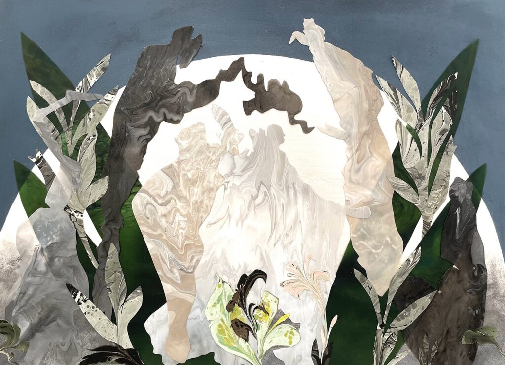 Here, We Meet, by Megan Zappulla, 2022, acrylic, charcoal, mylar, and paper on canvas