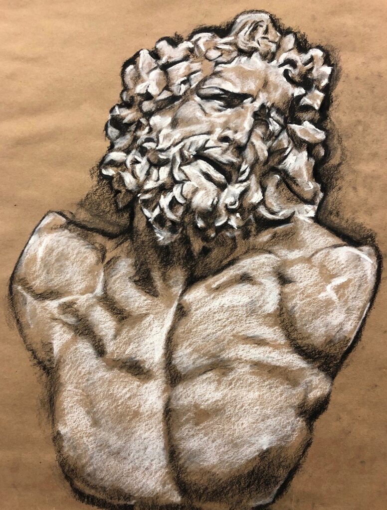 Laocoön, by Joseph Zovickian, 2019, charcoal and chalk on brown paper