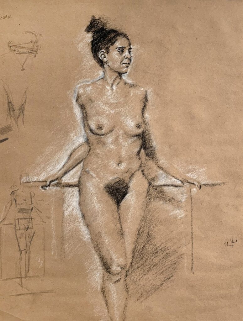 Portrait of Sequoi, by Joseph Zovickian, 2019, charcoal and chalk on brown paper