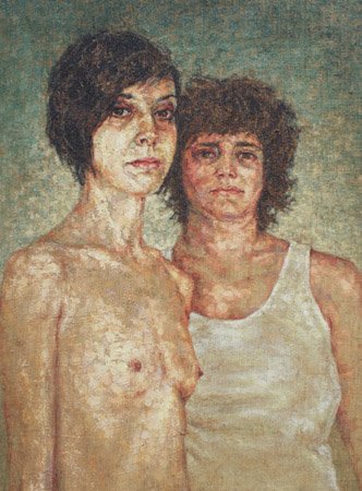 Amber and Kasey, by Kiley Amesklein, 2011, Oil and burlap on panel