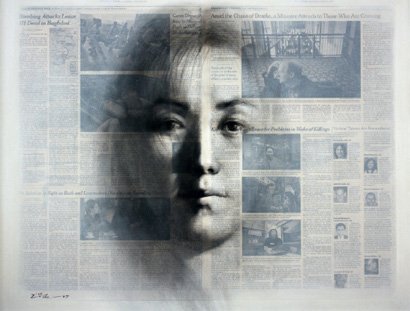 Parly Guilty, by Shin-Young An, 2007, oil on newspaper