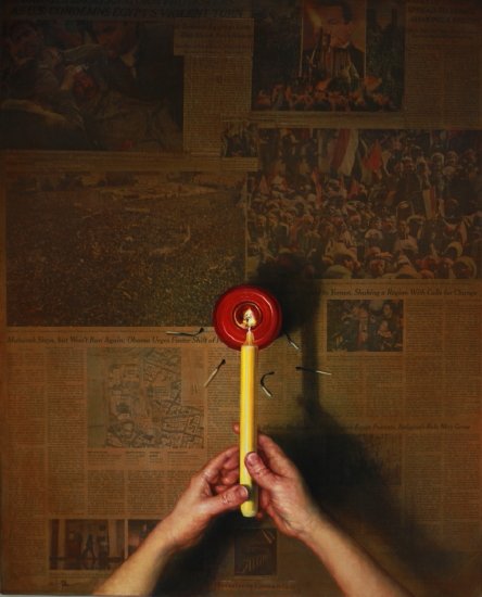 Lighting Candles, by Shin-Young An, 2011, Oil on prepared newspaper mounted on canvas