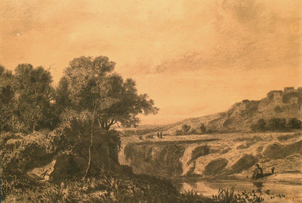 Italianate Landscape with a River, by Adolphe Appian, 1883, Charcoal on wove paper