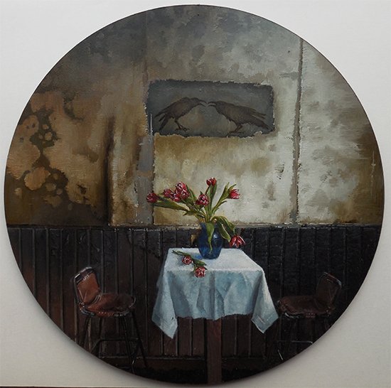 Everything is Salvageable, by Dina Brodsky, 2014, Oil on plexiglas, 8 inches diameter
