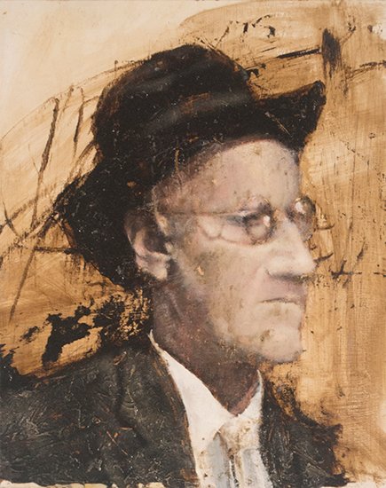 James Joyce, by Garrett Cook, 2014, Oil and tar on board