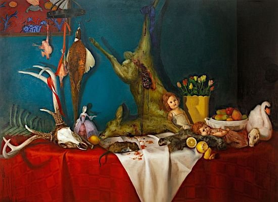 Laid Table of Roadkill, by Cara DeAngelis, 2011, Oil paint, tar and, asphalt on canvas
