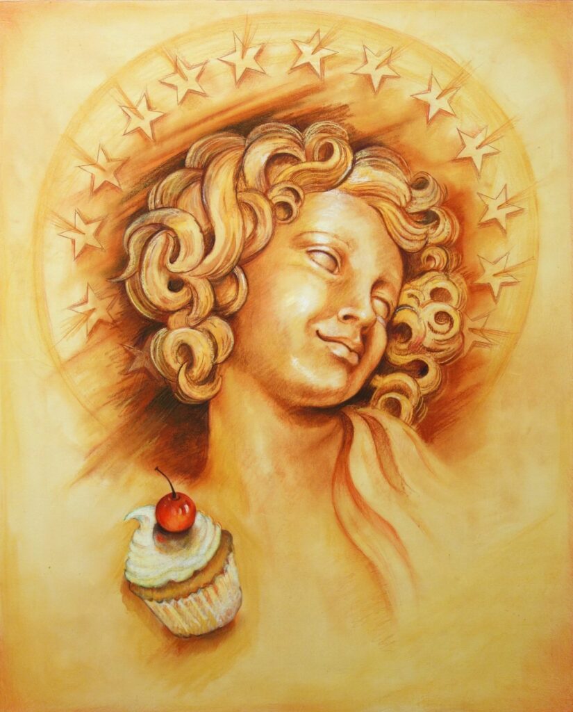 Cupcake Angel, by Audrey Flack, 2016, pastel on paper