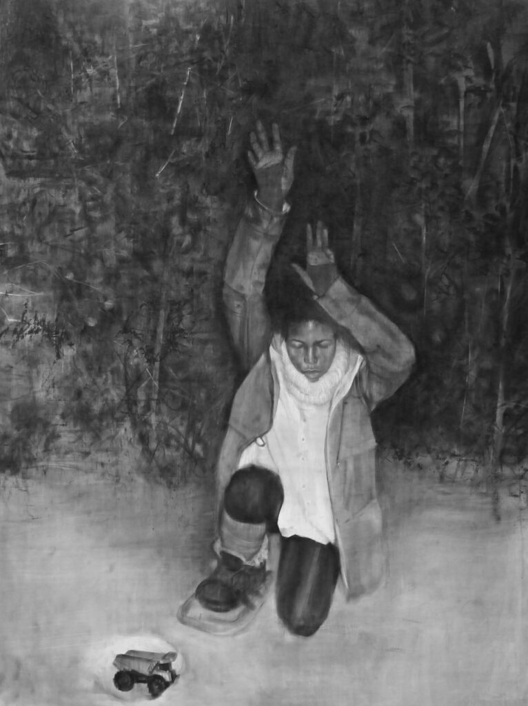 Et j'ai prié / Tonka Prayer for Alexandre Horbatuck, by Valerie Gilbert, 2018, charcoal on linen