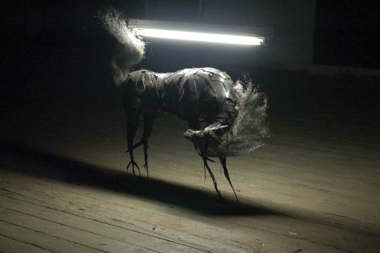 Bronco, by Jeffrey Gipe, 2012, Steel, steel wool, rubber and fluorescent light, chains