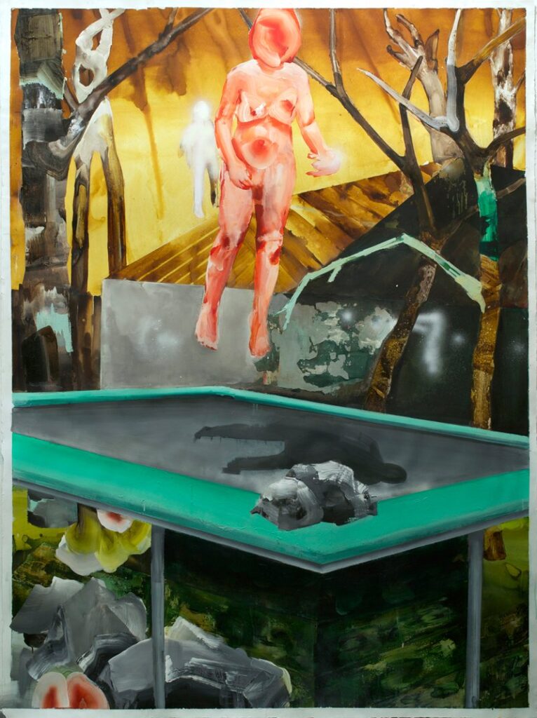 Trampoline Ritual, by Elizabeth Glaessner, 2014, ink, urethane, and acrylic on paper