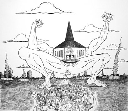 Happy Church, by Michael Glover, 2010, Ink on paper